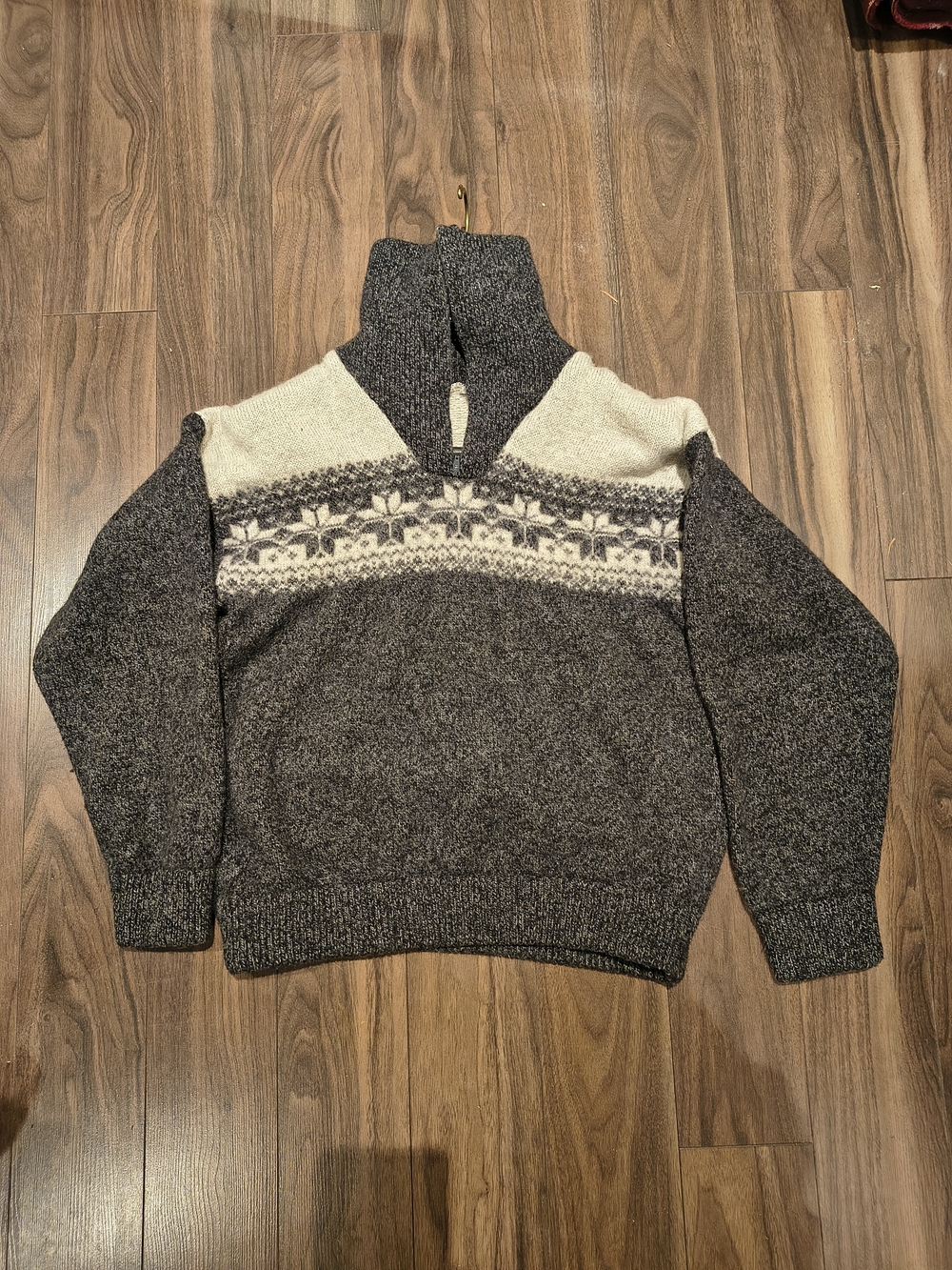 Hand Knit 100% Wool Nordic Fair Isle Half Zip Turtleneck Sweater Grey Cream
